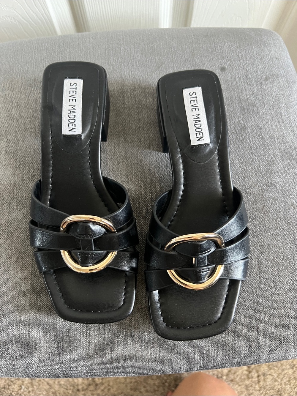 Steve Madden Black Leather Slide Sandals with Gold Accent